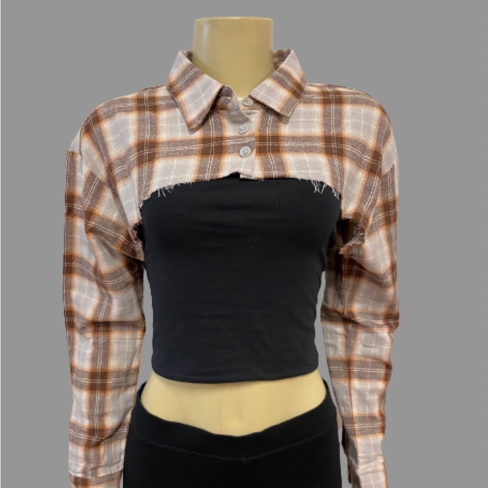 Laddies Cropped Drop Shoulder Flannel Button Front Pullover Top! Brand New! NWT